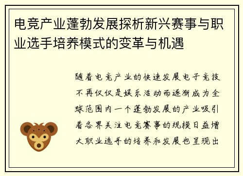 电竞产业蓬勃发展探析新兴赛事与职业选手培养模式的变革与机遇
